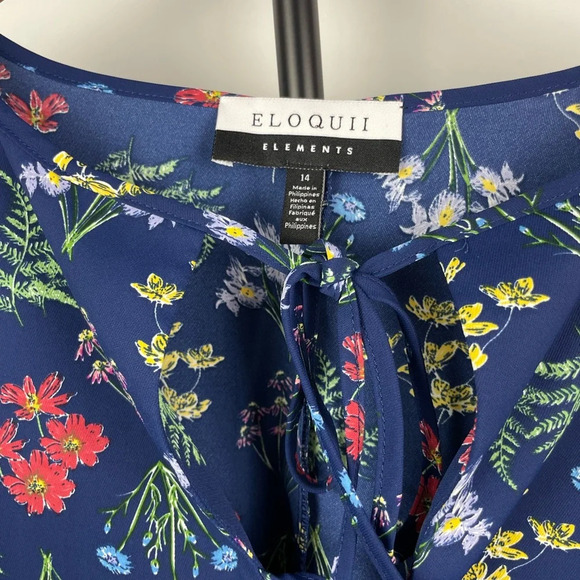 ELOQUII‎ Elements Blue Floral Long Balloon Sleeve Blouse - Picture 6 of 9